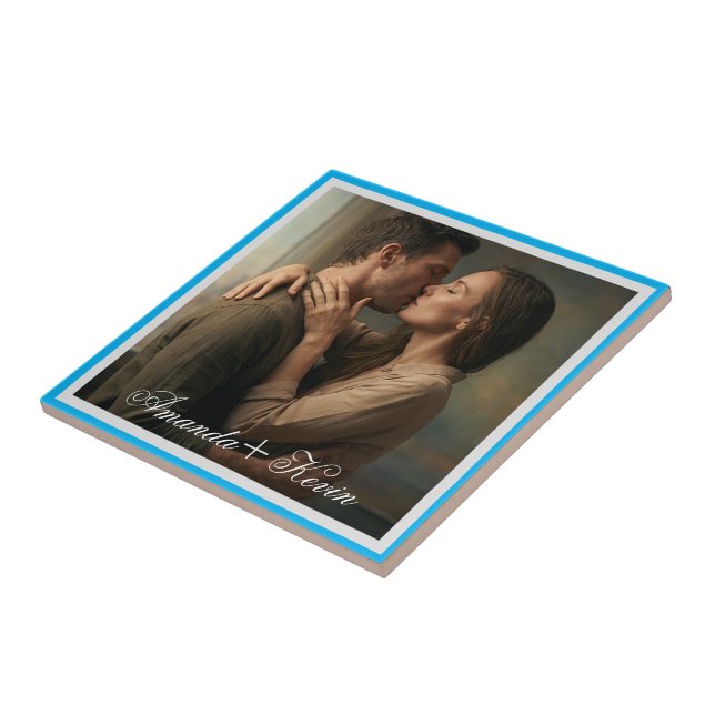 Romantic Couple Photo & custom Name Ceramic Tile (Side)