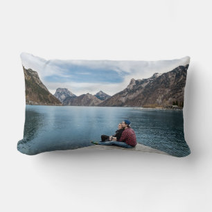 Romantic Couple Relaxing on Lake Dock Lumbar Cushion