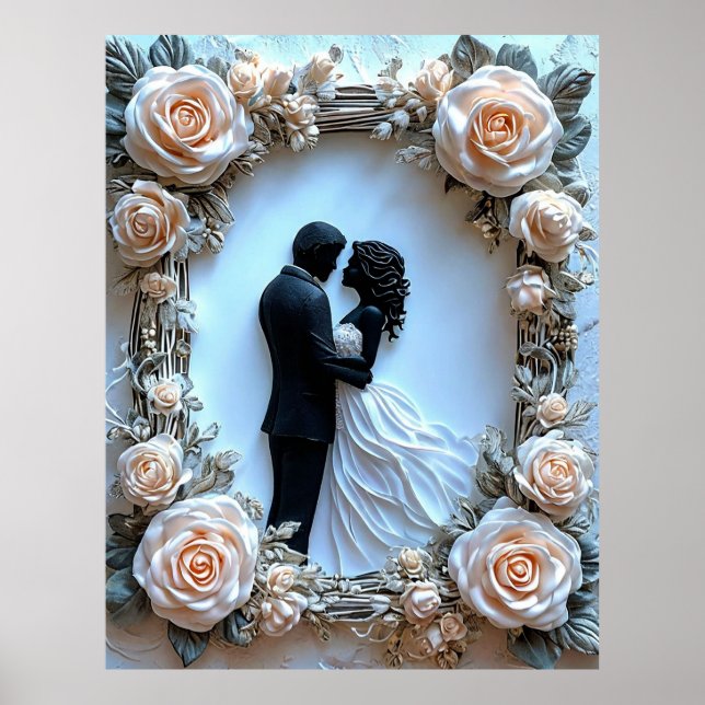 Romantic Couple Silhouette Floral Frame Wall Art (Front)