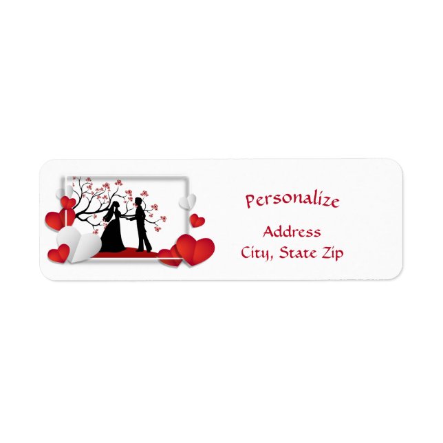 Romantic Couple Silhouette Red Hearts Personalise Return Address Label (Front)