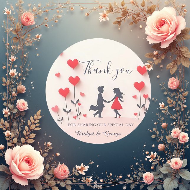 Romantic Couple Silhouette red hearts wedding Classic Round Sticker (Creator Uploaded)