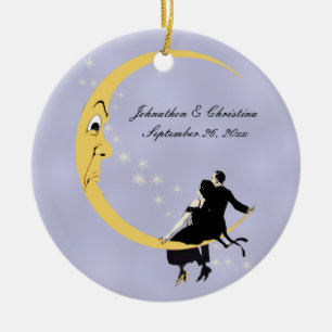 Romantic Couple Sitting on Angry Crescent Moon Ceramic Ornament