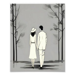 Romantic Couple Stroll Minimalist Line Art Photo Print