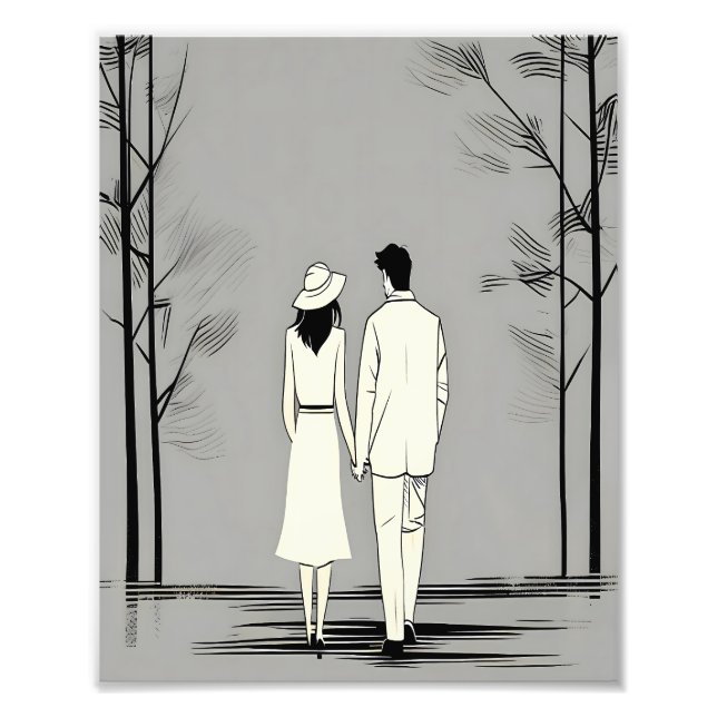 Romantic Couple Stroll Minimalist Line Art Photo Print (Front)