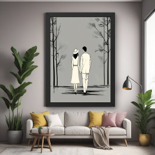 Romantic Couple Stroll Minimalist Line Art Poster