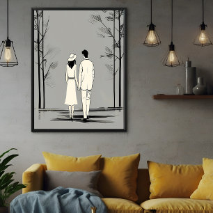Romantic Couple Stroll Minimalist Line Art Poster