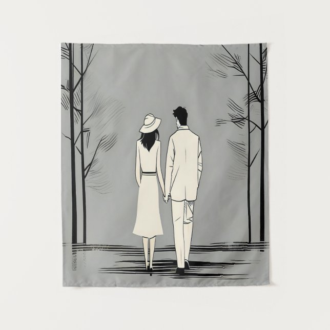 Romantic Couple Stroll Minimalist Line Art Tapestry (Front)