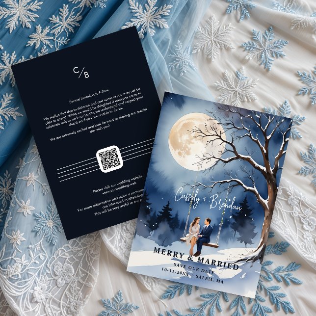 Romantic Couple Under Bare Tree In Snowy Night  Save The Date (Romantic Couple Under Bare Tree In Snowy Night With Full Moon Save the Dates Cards )