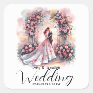 romantic couple under floral arch wedding square sticker