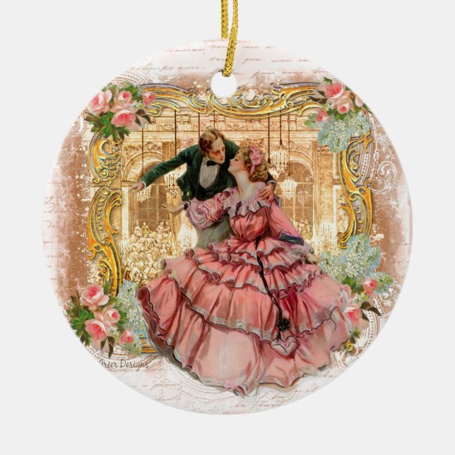 Romantic Couple Versaille Dance French Ceramic Ornament (Front)