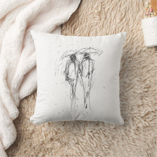 Romantic Couple Walking in Rain with Umbrellas Cushion