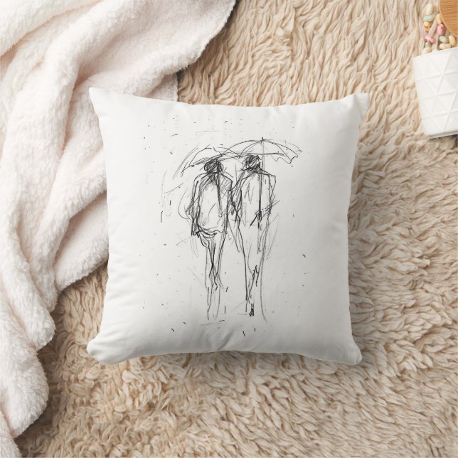 Romantic Couple Walking in Rain with Umbrellas Cushion (Blanket)