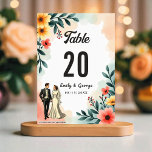 Romantic Couple Watercolor Floral Summer Wedding Table Number<br><div class="desc">This elegant watercolor floral wedding table number is perfect for a modern wedding. The romantic design features an elegant watercolor floral frame with a bride and groom illustration and black calligraphy on a white background.</div>