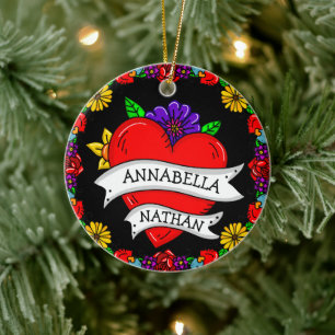 Romantic Couple's Gift   Tattoo Style Art    Ceramic Ornament