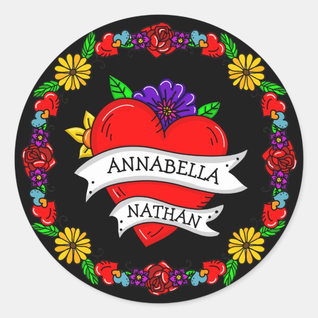 Romantic Couple's Gift | Tattoo Style Art    Classic Round Sticker (Front)