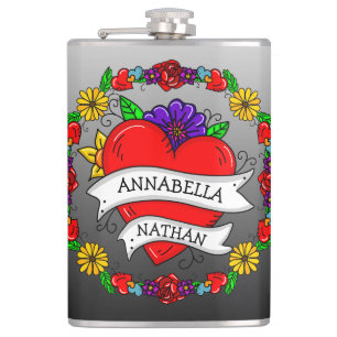 Romantic Couple's Gift   Tattoo Style Art     Hip Flask