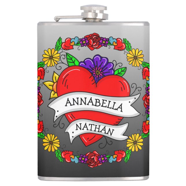 Romantic Couple's Gift | Tattoo Style Art     Hip Flask (Front)