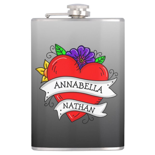Romantic Couple's Gift | Tattoo Style Art    Hip Flask (Front)