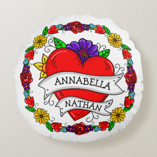 Romantic Couple's Gift   Tattoo Style Art   Round Cushion