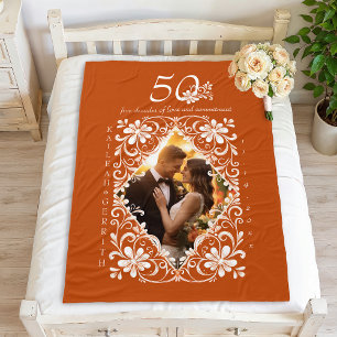 Romantic Couples Photo Burnt Orange 50 Anniversary Fleece Blanket