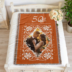 Romantic Couples Photo Burnt Orange 50 Anniversary Throw Blanket