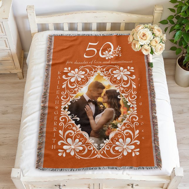Romantic Couples Photo Burnt Orange 50 Anniversary Throw Blanket (Creator Uploaded)