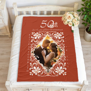 Romantic Couples Photo Red Rust 50 Anniversary Fleece Blanket
