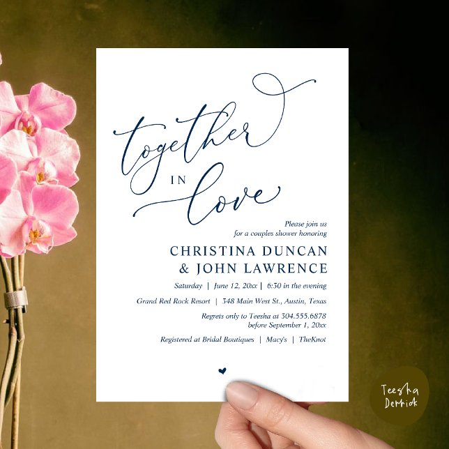 Romantic Couples Shower Party, Together In Love Invitation (Together in Love, Romantic Couples Shower Party Invitation Card PDF modern minimalist Navy Blue)