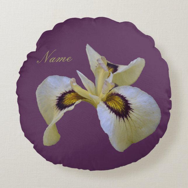 Romantic Cream and Purple Siberian Iris on Purple Round Cushion (Front)