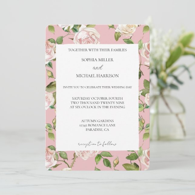 Romantic Cream Blush Pink Floral Wedding Invitation (Standing Front)