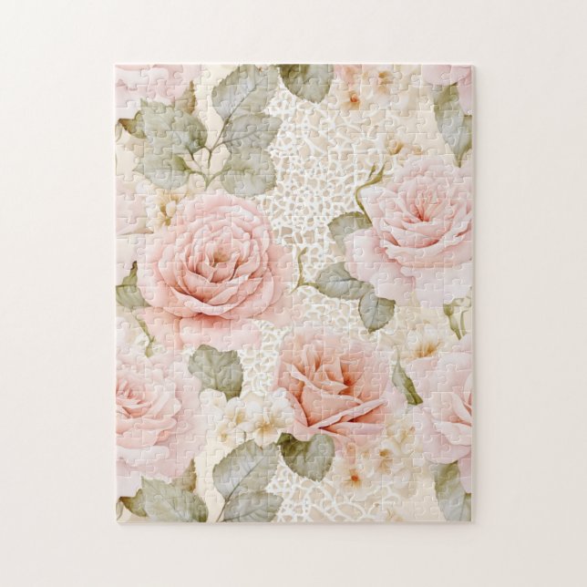 Romantic Cream Blush Pink Roses Floral Jigsaw Puzzle (Vertical)