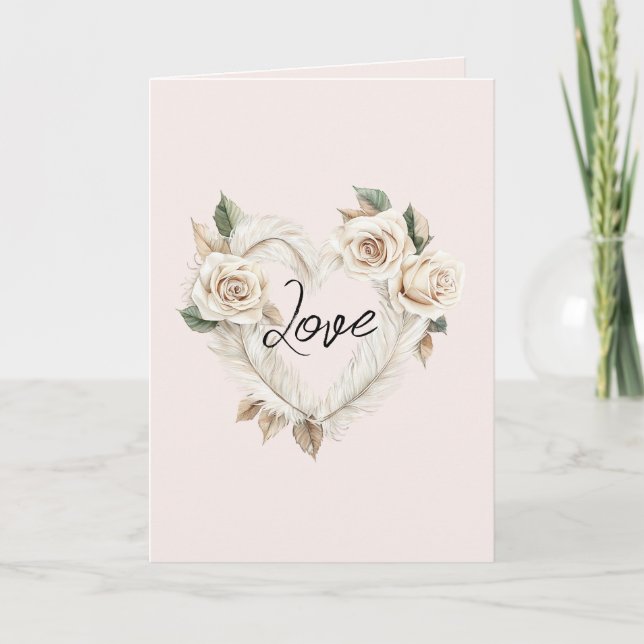 Romantic Cream Blush Roses Feathers Floral Heart Card (Front)