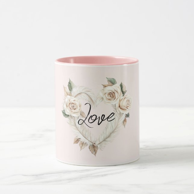 Romantic Cream Blush Roses Feathers Floral Heart Mug (Center)