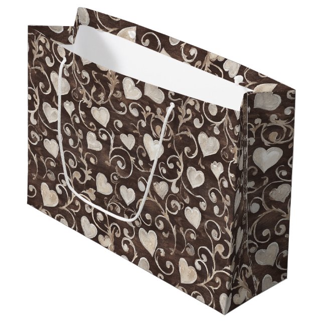 Romantic Cream Brown Hearts Bridal Shower Large Gift Bag (Front Angled)