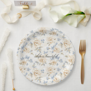 Romantic Cream Floral Blue Leaves Wedding Paper Plate
