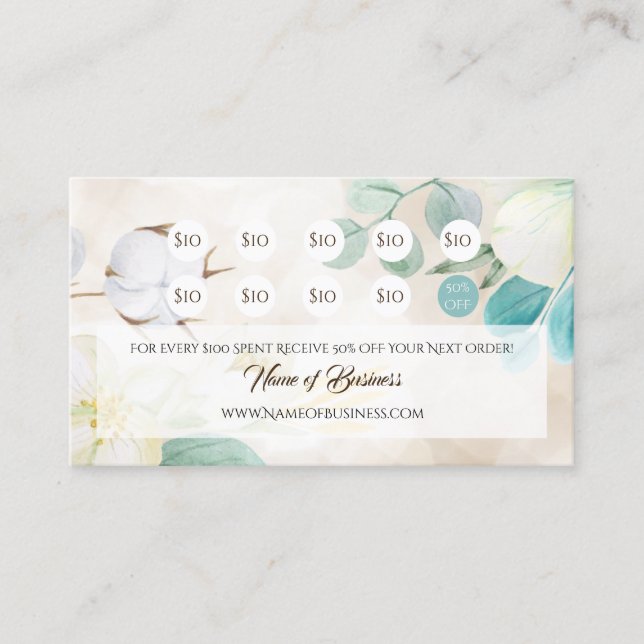Romantic Cream Floral Elegant Loyalty Punch Card (Front)