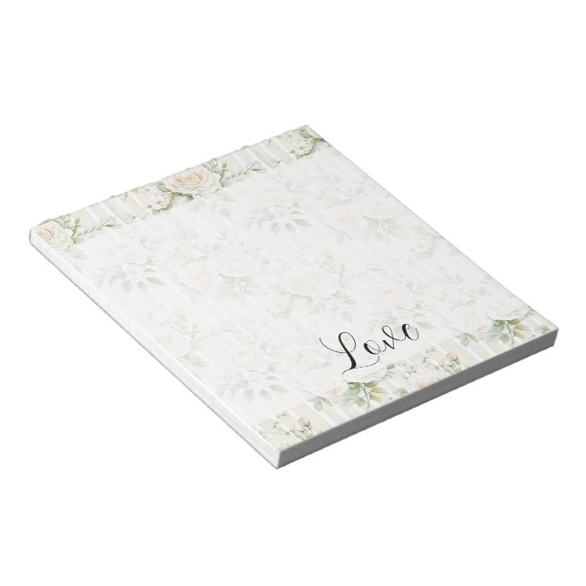 Romantic Cream Floral Stripes Green Leaves Notepad (Angled)