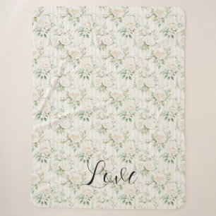 Romantic Cream Floral Stripes Green Leaves Sherpa Blanket