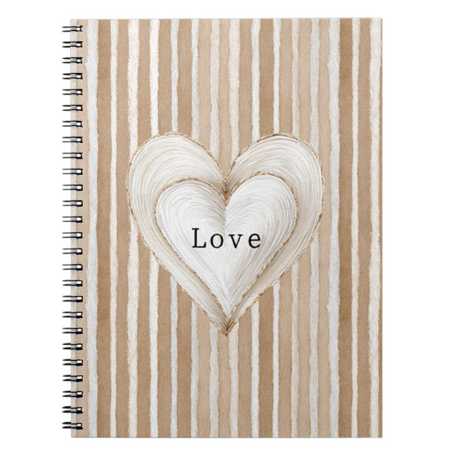 Romantic Cream Heart Brown Stripes Love Notebook (Front)