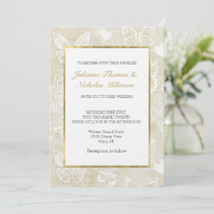 Romantic Cream Ivory Butterflies Hearts Wedding Invitation