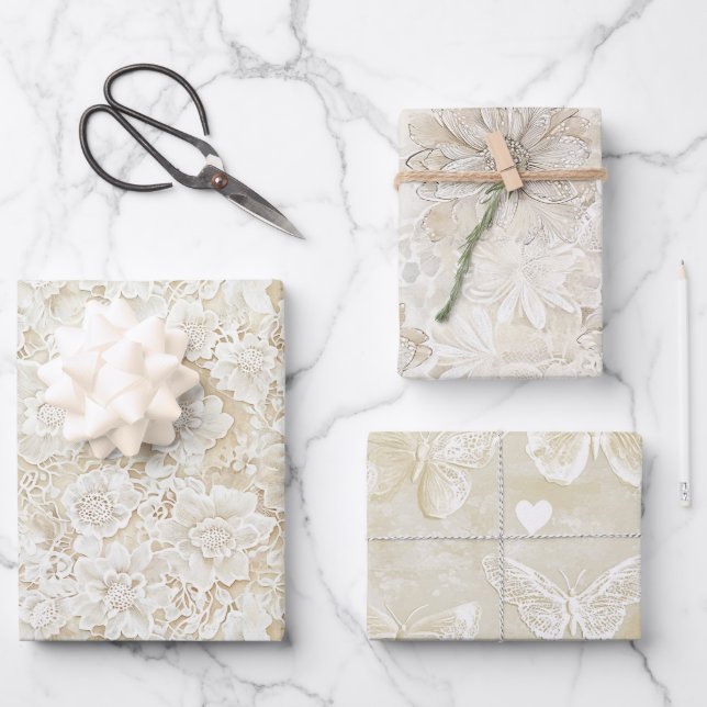 Romantic Cream Ivory Floral Wedding  Wrapping Paper Sheet (Front)