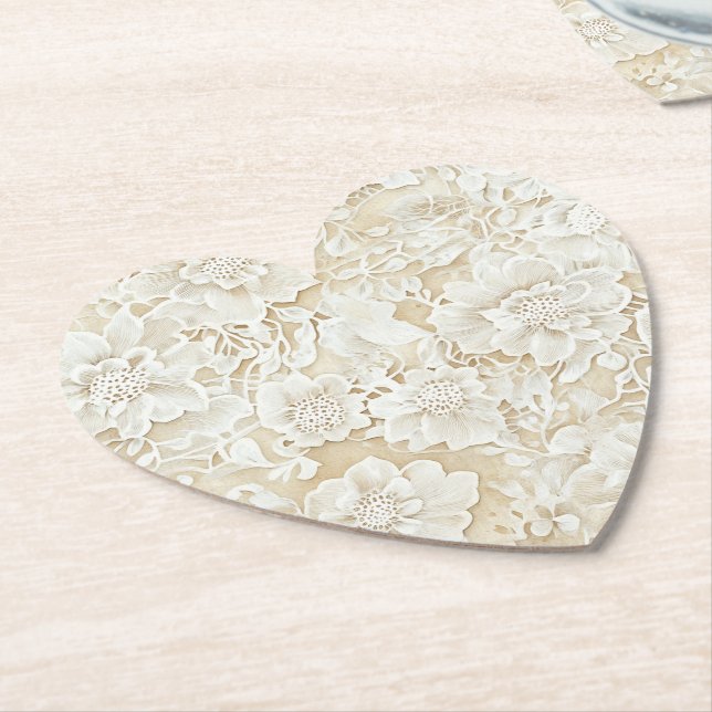 Romantic Cream Ivory Flowers Wedding Paper Coaster (Angled)