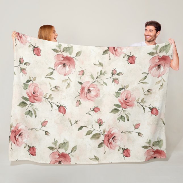 Romantic Cream Pink Roses Floral  Fleece Blanket (In Situ)