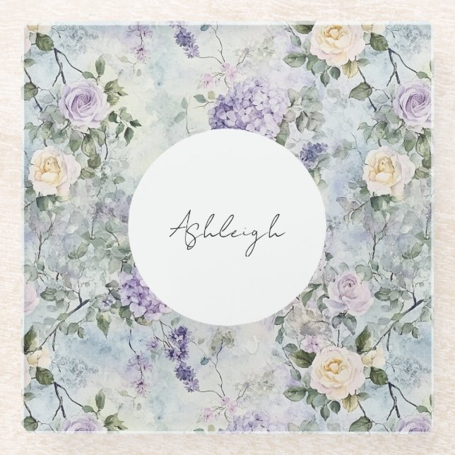 Romantic Cream purple flowers Bridal Shower Glass Coaster (Front)