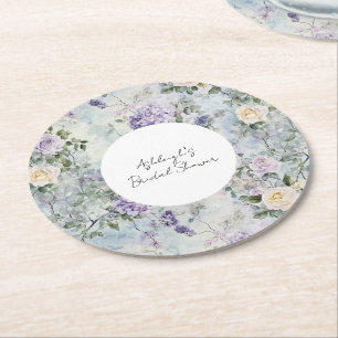 Romantic Cream purple flowers Bridal Shower Round Paper Coaster