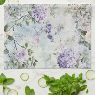 Romantic Cream purple flowers Tea Towel