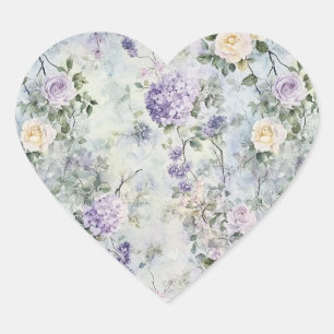 Romantic Cream Purple Flowers Wedding Heart Sticker