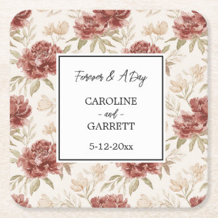 Romantic Cream Red Floral Wedding Square Paper Coaster