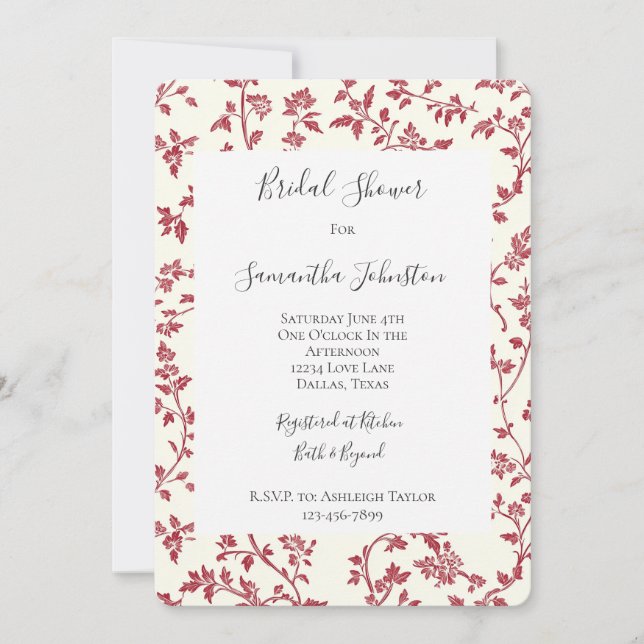 Romantic Cream Red Leaves Bridal Shower Invitation (Front)