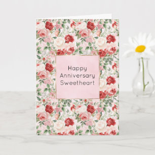 Romantic Cream Red Pink Roses Floral Anniversary Card